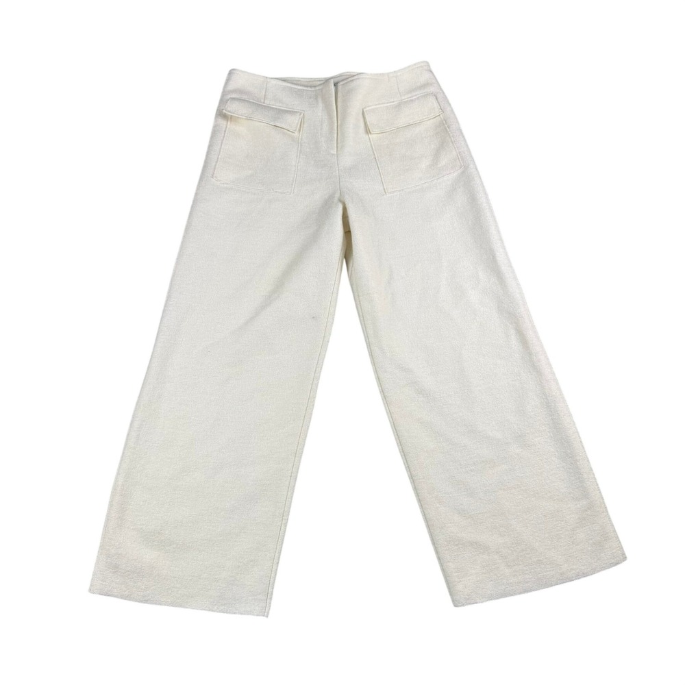 Oh Nle Womens M Wide Leg Pants Wool Blend off white Cargo Pockets Raw Hem